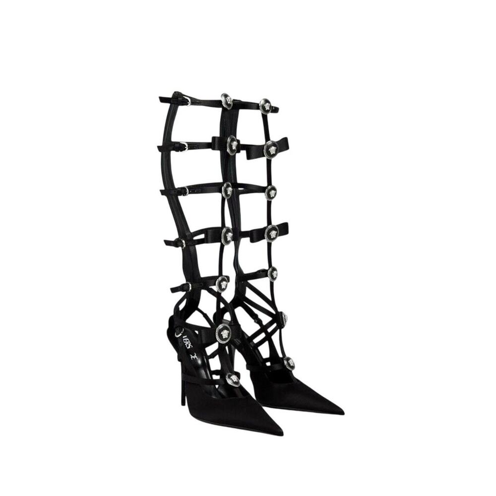 NIB Versace Runway Ribbon EU 36 US 6 Black Satin Knee High Cage Pumps $2,350